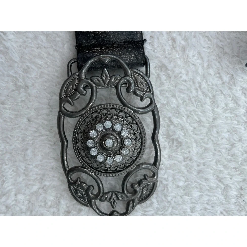 Womens Distressed Black  Floral Studded Rhinestone Rodeo Buckle Belt 1629 L